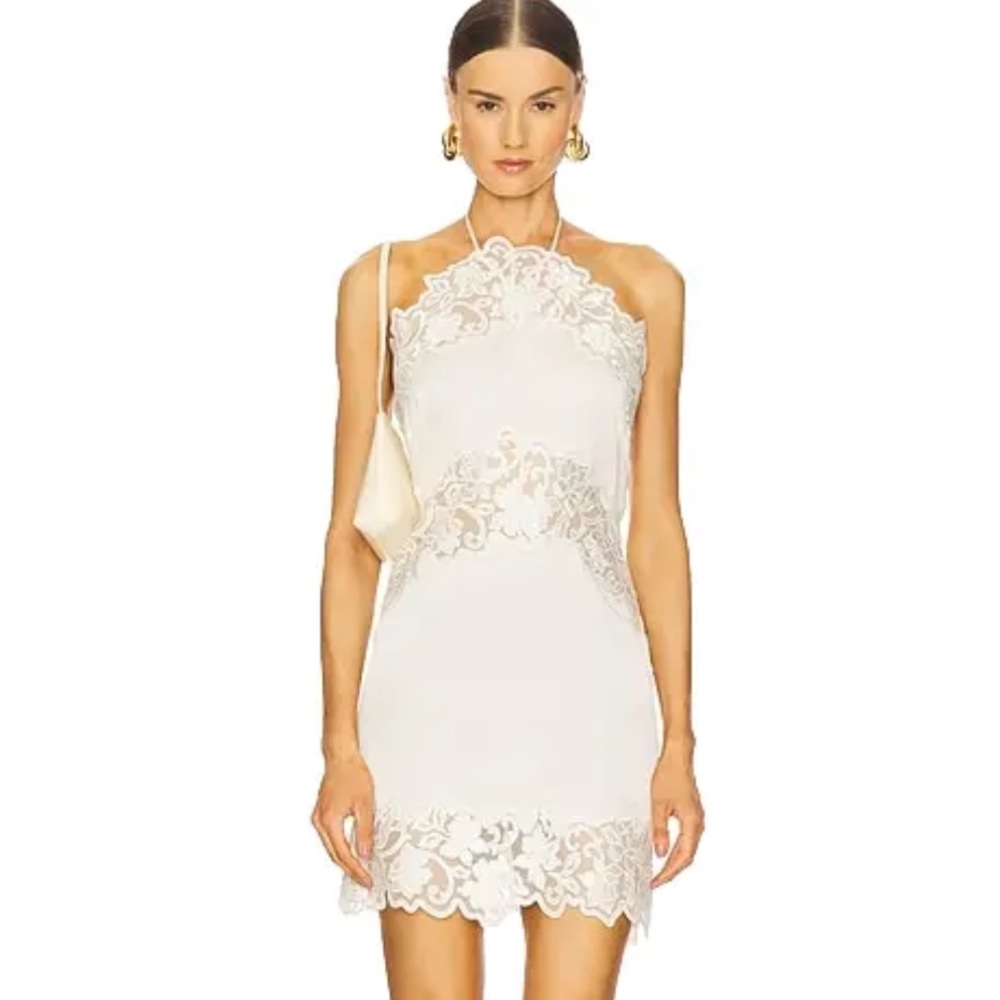 L'Academie Ivory Lace-Trim Halter Mini Dress